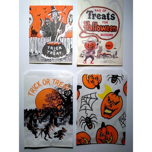 Vintage Halloween Trick Or Treat Candy Bags Cowboy Spider Witch Black Cat Lot 4 - Picture 2 of 3